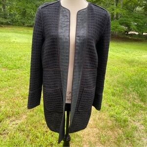 ELIE TAHARI SWEATER LONG CARDIGAN BLACK OPEN FRONT LEATHER TRIM POCKETS SIZE S